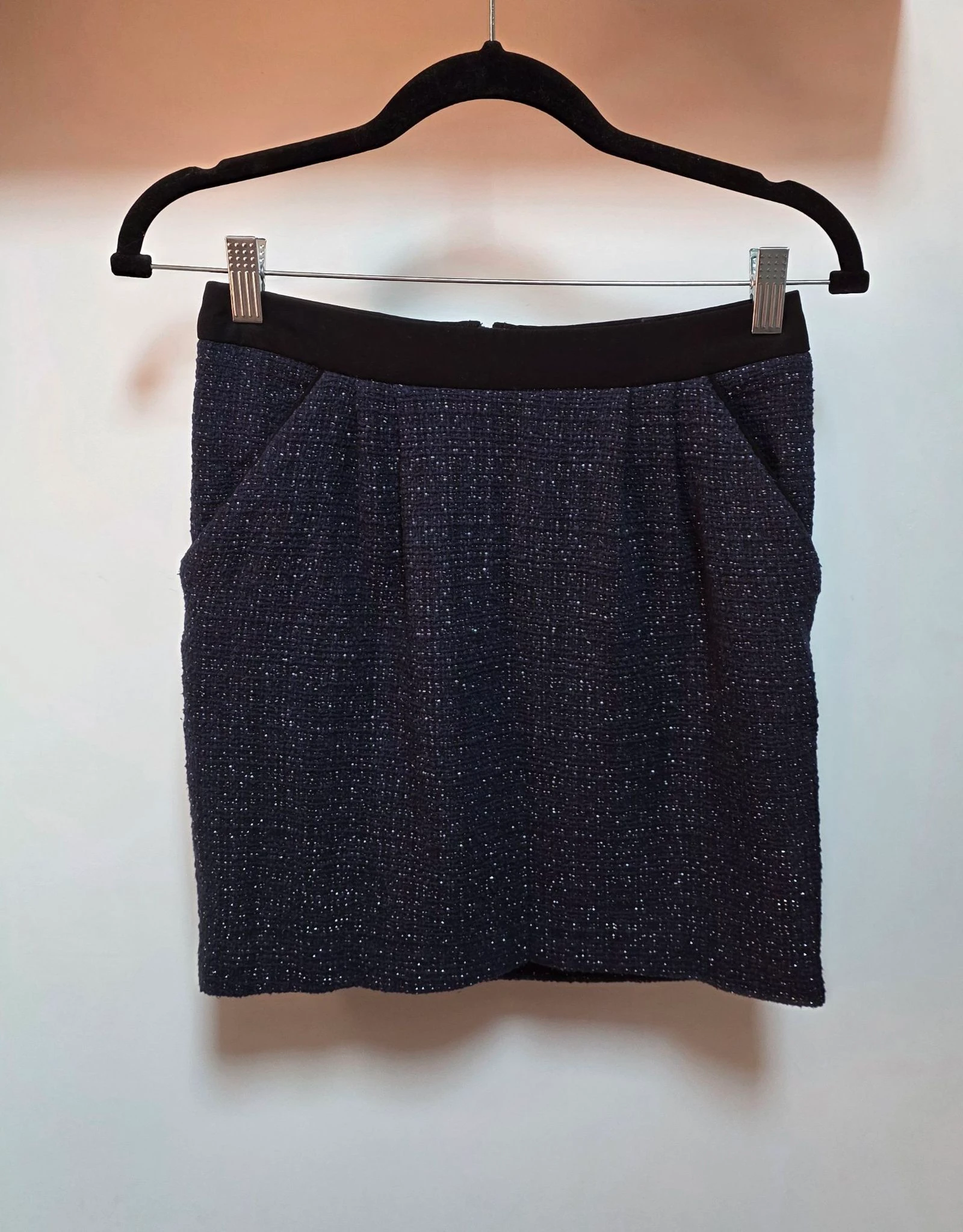 Jupe courte tweed bleu marine et fil doré Camaïeu Taille 34 XS doublée